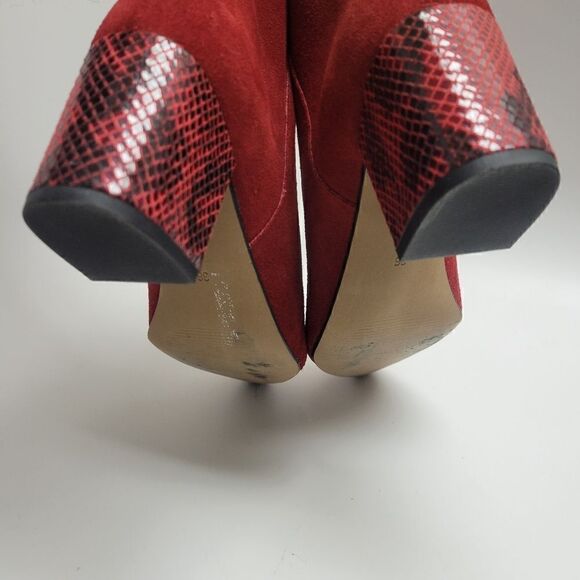 Portuguese Red Suede Leather & Snakeskin Block Heel Point Boots - Picture 5 of 14